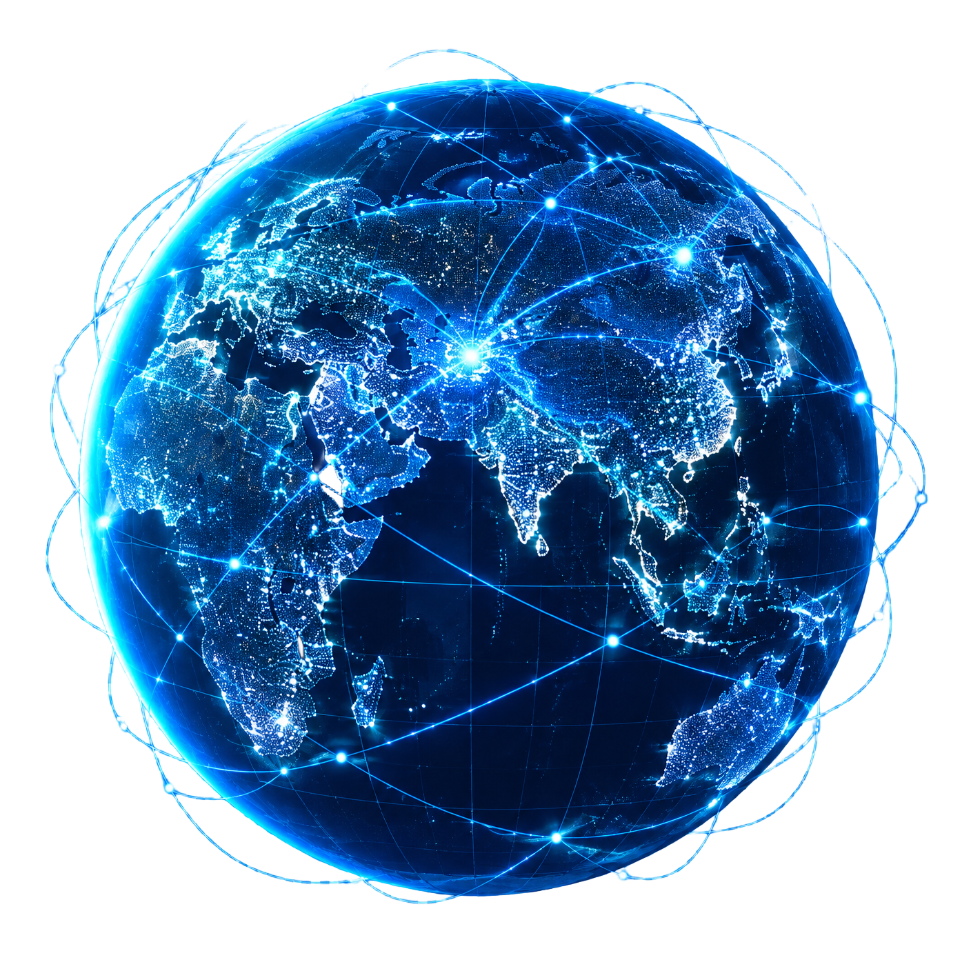 Connected globe centered on Asia, with a network point near Afghanistan